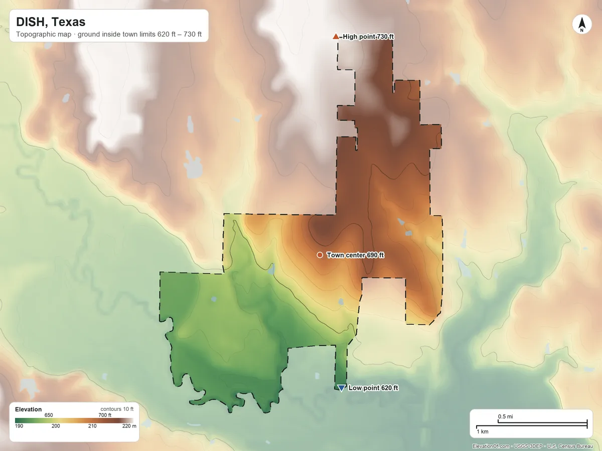 Topographic elevation map of DISH, Texas, shaded from 620 ft on the south side to 730 ft on the north side