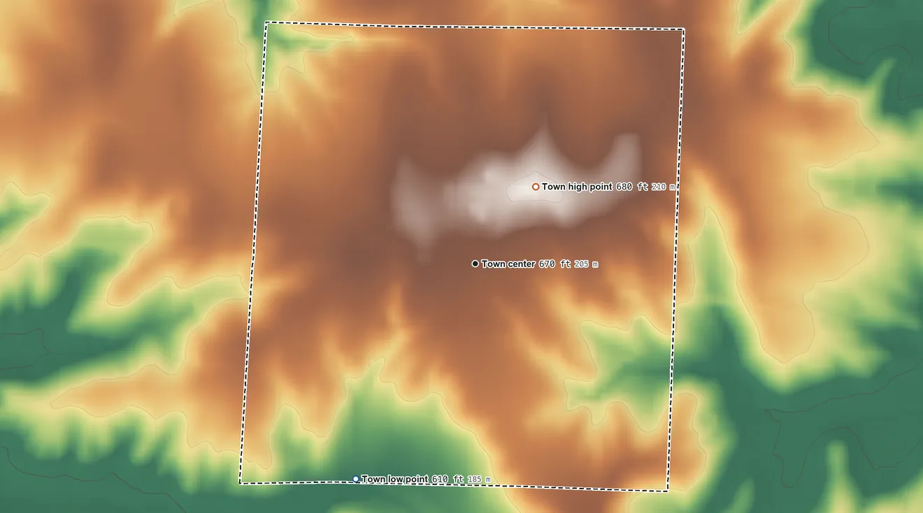 Topographic elevation map of Dodd City, Texas, shaded from 610 ft on the southwest side to 680 ft on the northeast side