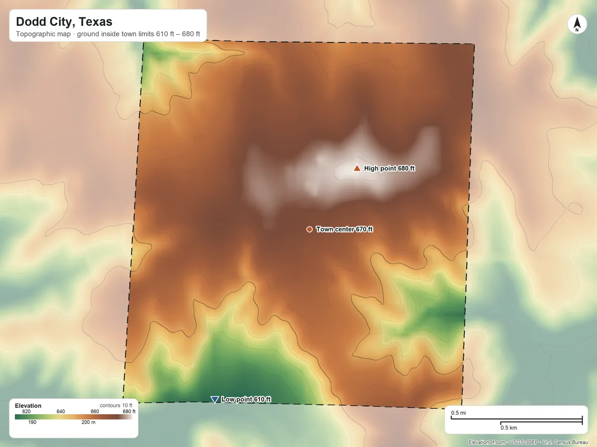 Topographic elevation map of Dodd City, Texas, shaded from 610 ft on the southwest side to 680 ft on the northeast side