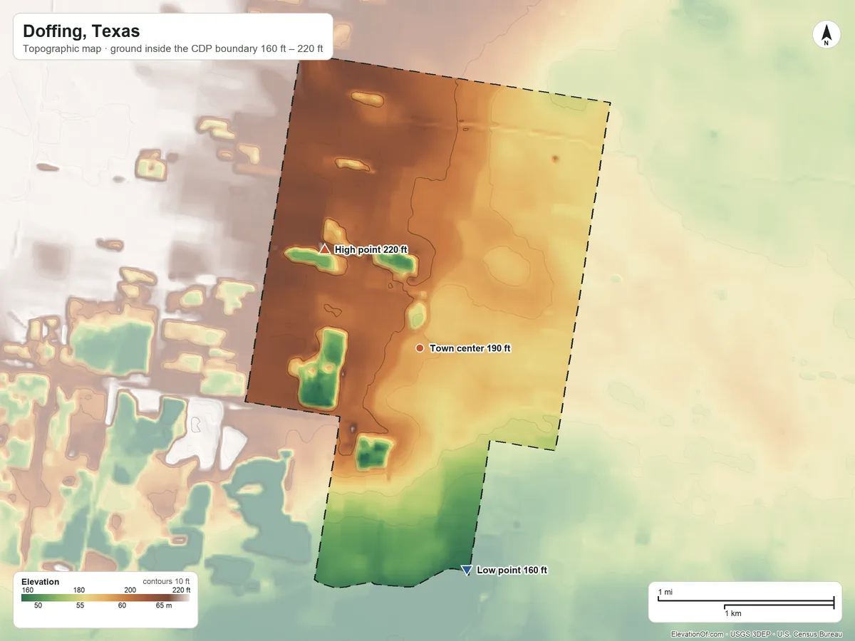 Topographic elevation map of Doffing, Texas, shaded from 160 ft on the south side to 220 ft on the northwest side