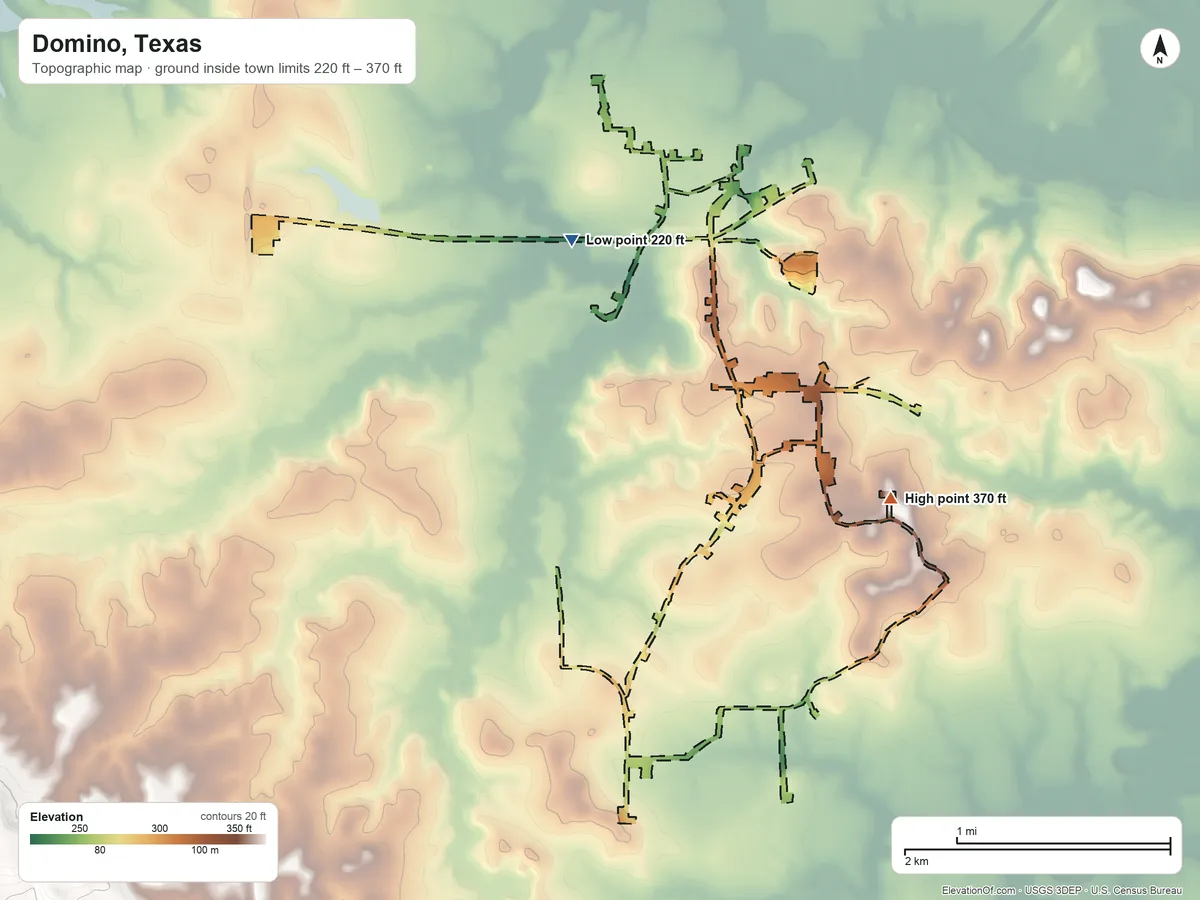 Topographic elevation map of Domino, Texas, shaded from 220 ft on the northwest side to 370 ft on the southeast side