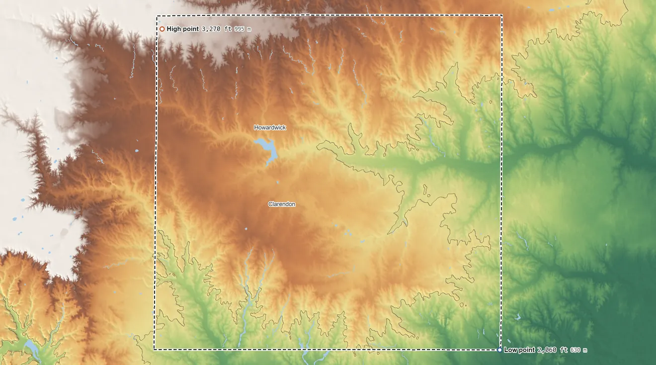 Topographic elevation map of Donley County, Texas, shaded from 2,060 ft on the southeast side to 3,270 ft on the northwest side