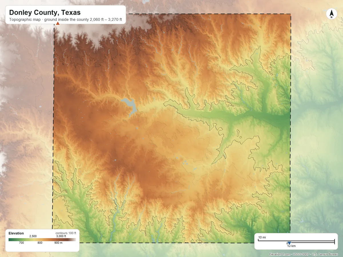 Topographic elevation map of Donley County, Texas, shaded from 2,060 ft on the southeast side to 3,270 ft on the northwest side