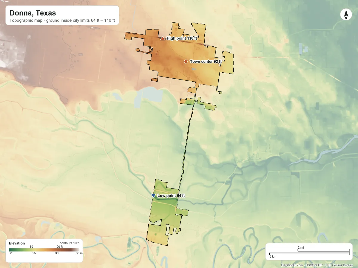 Topographic elevation map of Donna, Texas, shaded from 64 ft on the south side to 110 ft on the northwest side