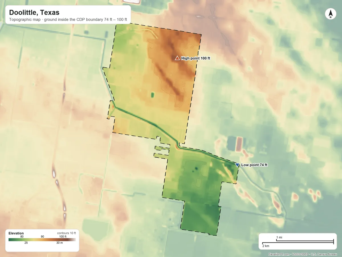 Topographic elevation map of Doolittle, Texas, shaded from 74 ft on the southeast side to 100 ft on the north side
