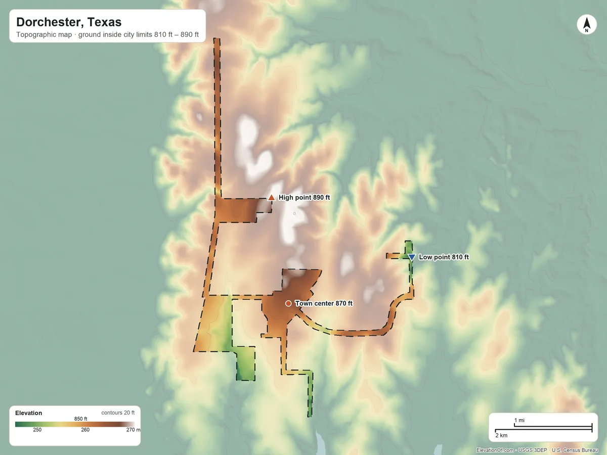 Topographic elevation map of Dorchester, Texas, shaded from 810 ft on the east side to 890 ft on the north side