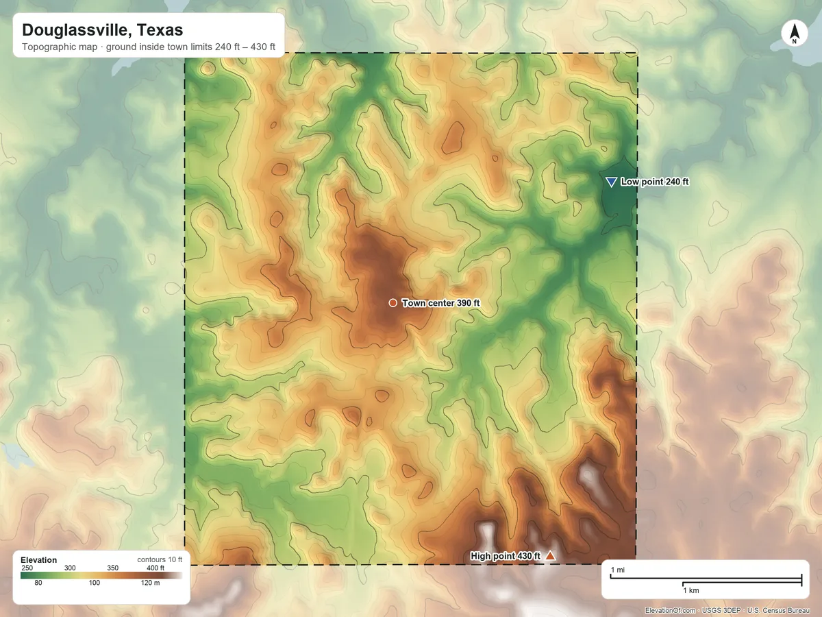 Topographic elevation map of Douglassville, Texas, shaded from 240 ft on the northeast side to 430 ft on the southeast side