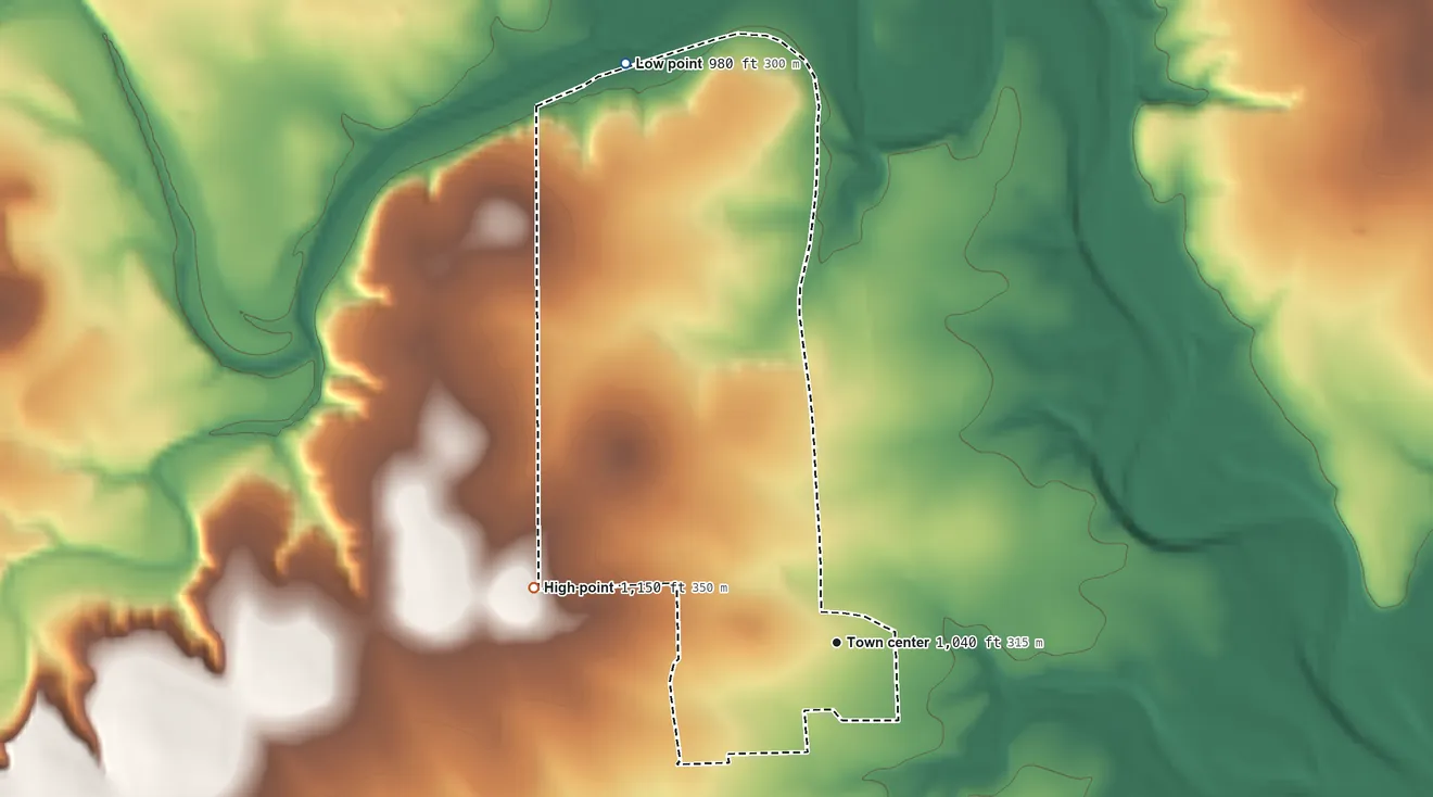 Topographic elevation map of Driftwood, Texas, shaded from 980 ft on the north side to 1,150 ft on the west side