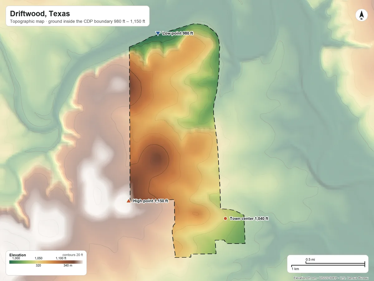 Topographic elevation map of Driftwood, Texas, shaded from 980 ft on the north side to 1,150 ft on the west side
