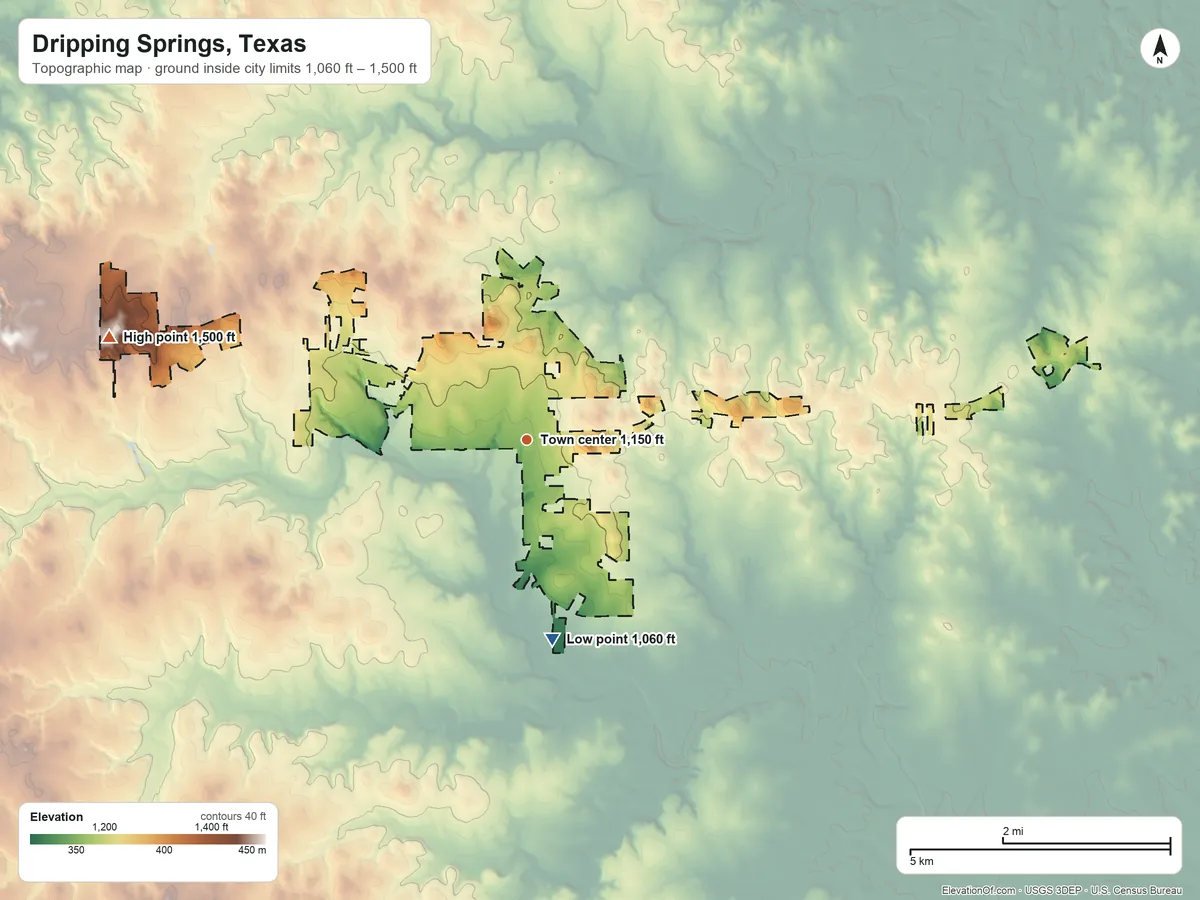 Topographic elevation map of Dripping Springs, Texas, shaded from 1,060 ft on the south side to 1,500 ft on the west side