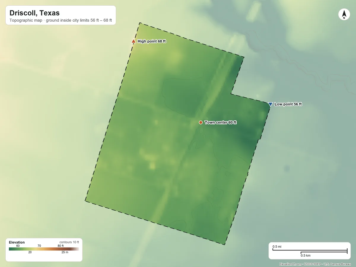 Topographic elevation map of Driscoll, Texas, shaded from 56 ft on the east side to 68 ft on the northwest side