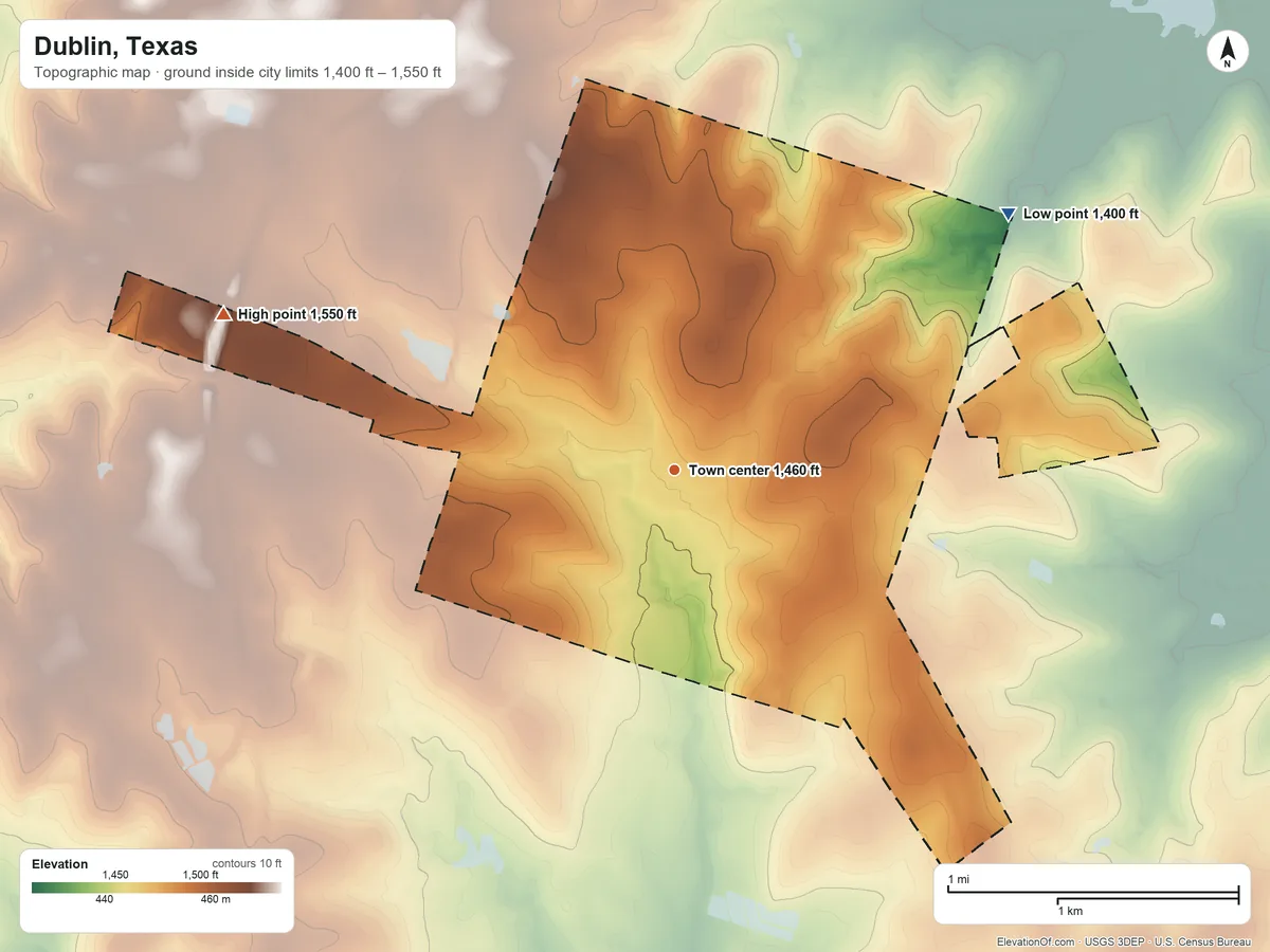 Topographic elevation map of Dublin, Texas, shaded from 1,400 ft on the northeast side to 1,550 ft on the west side