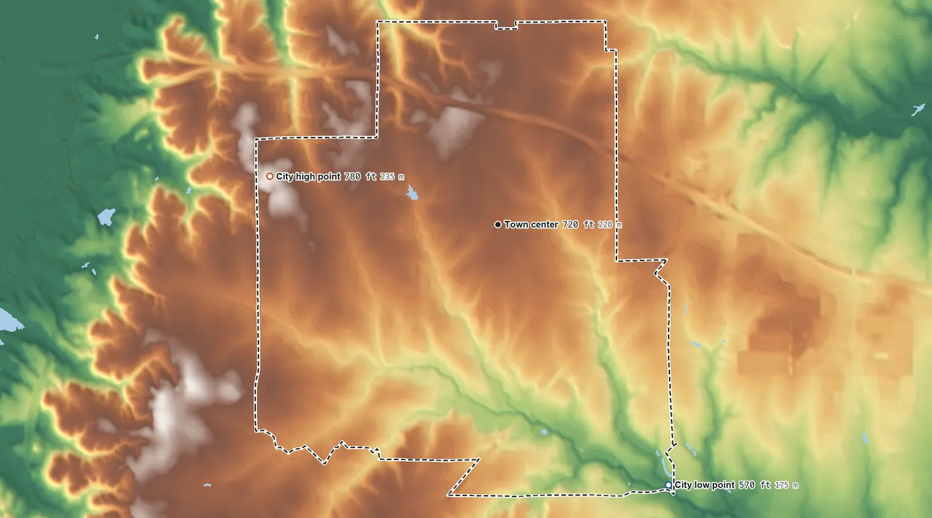 Topographic elevation map of Duncanville, Texas, shaded from 570 ft on the southeast side to 780 ft on the west side