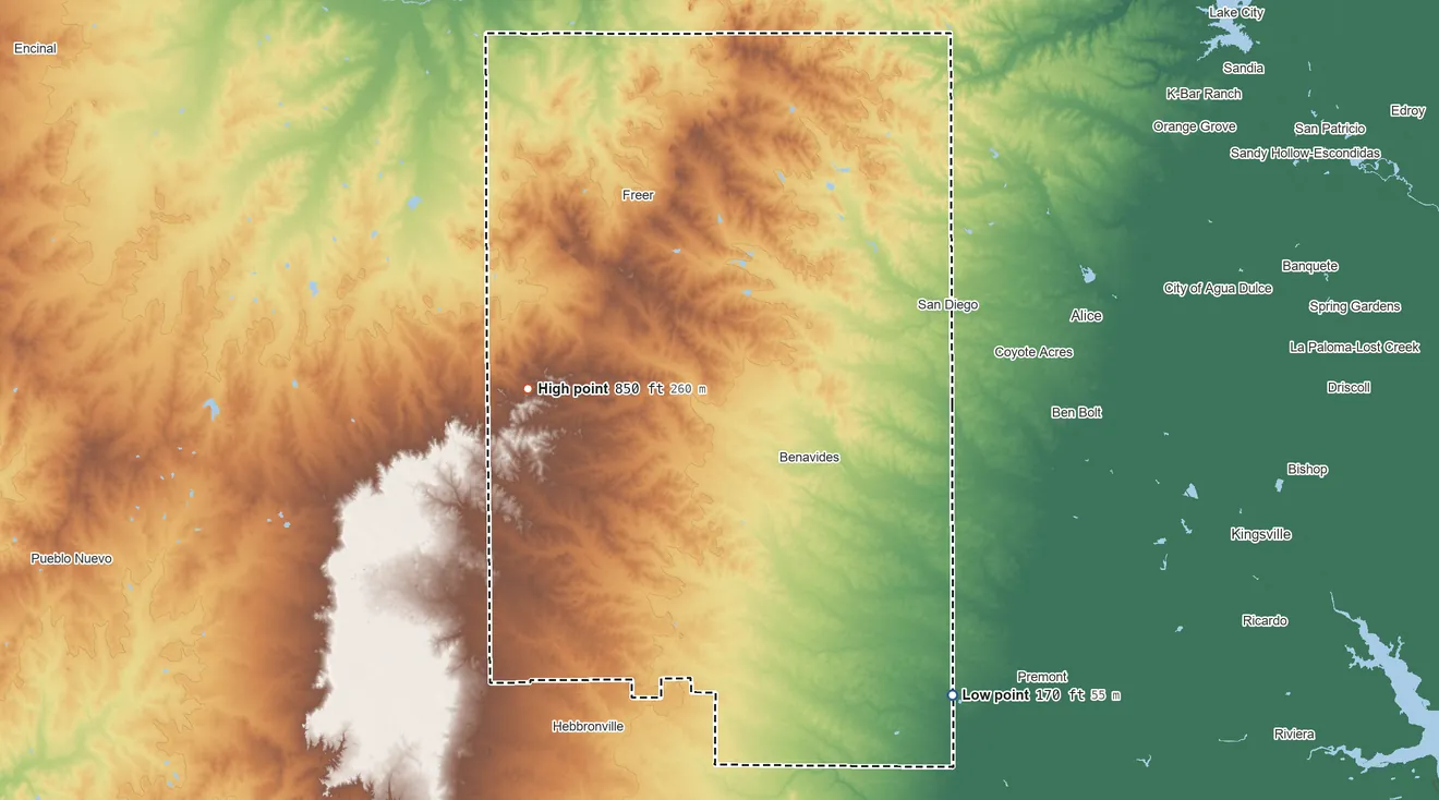 Topographic elevation map of Duval County, Texas, shaded from 170 ft on the southeast side to 850 ft on the west side