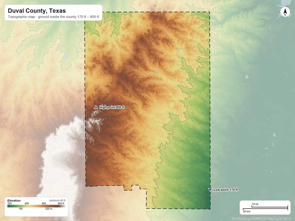 Topographic elevation map of Duval County, Texas, shaded from 170 ft on the southeast side to 850 ft on the west side