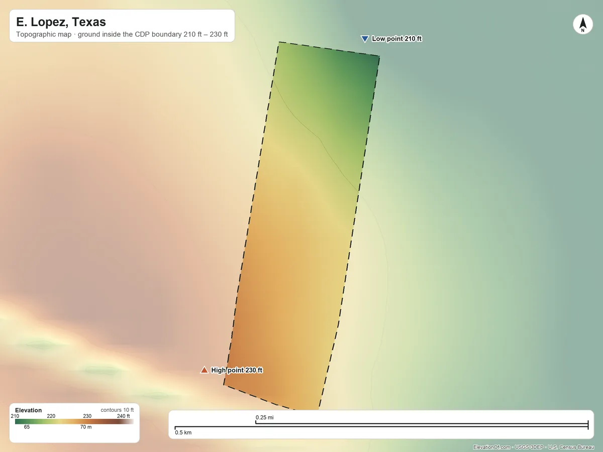 Topographic elevation map of E. Lopez, Texas, shaded from 210 ft on the north side to 230 ft on the southwest side