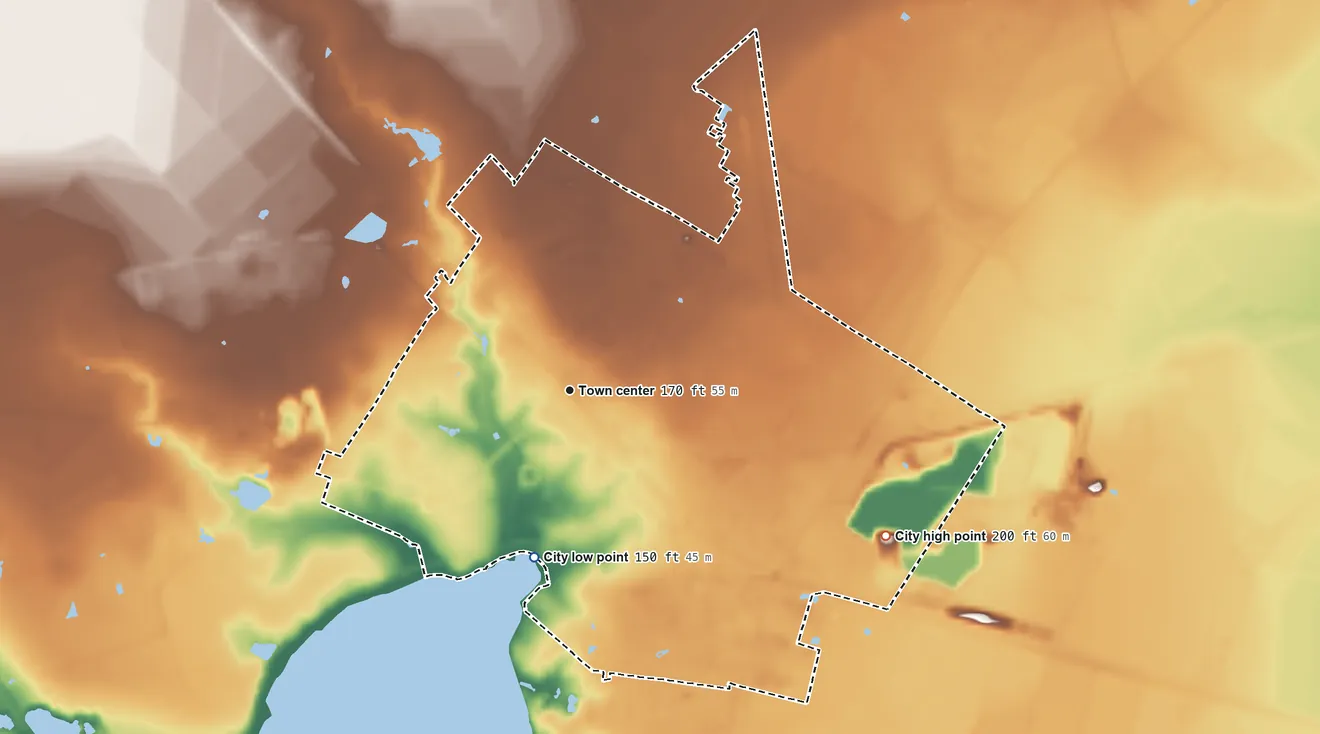 Topographic elevation map of Eagle Lake, Texas, shaded from 150 ft on the south side to 200 ft on the southeast side