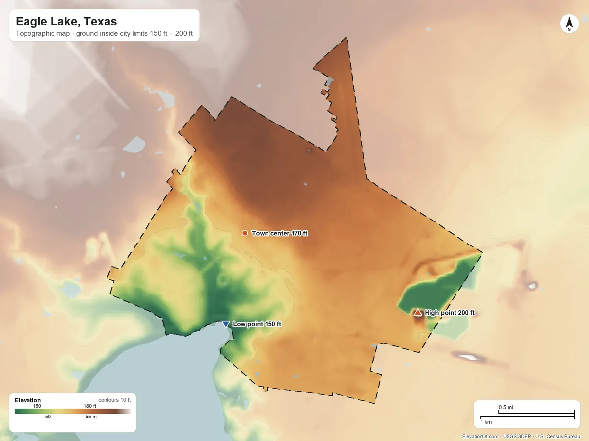 Topographic elevation map of Eagle Lake, Texas, shaded from 150 ft on the south side to 200 ft on the southeast side