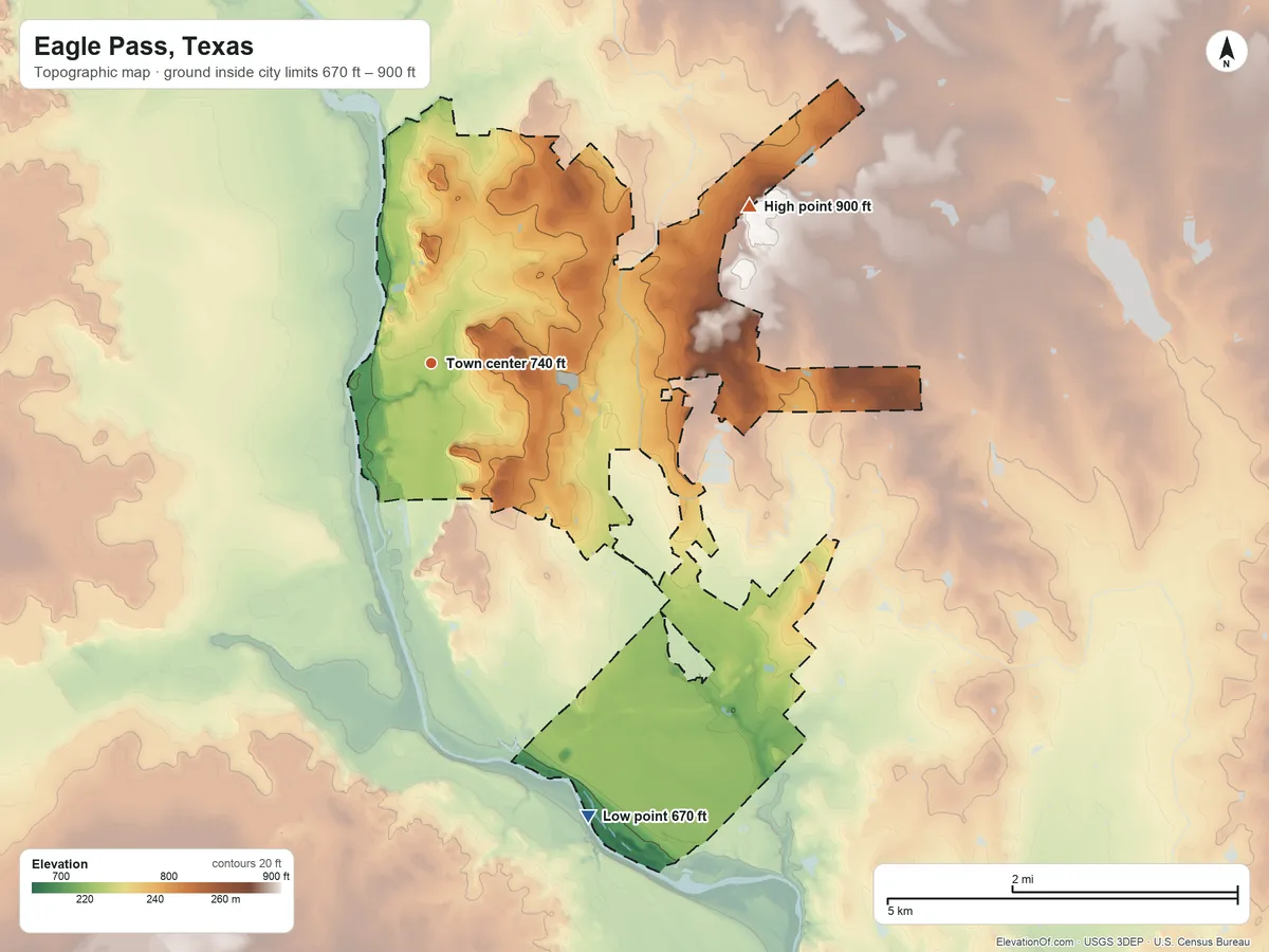 Topographic elevation map of Eagle Pass, Texas, shaded from 670 ft on the south side to 900 ft on the northeast side
