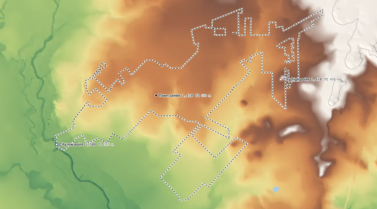 Topographic elevation map of Early, Texas, shaded from 1,300 ft on the southwest side to 1,470 ft on the east side