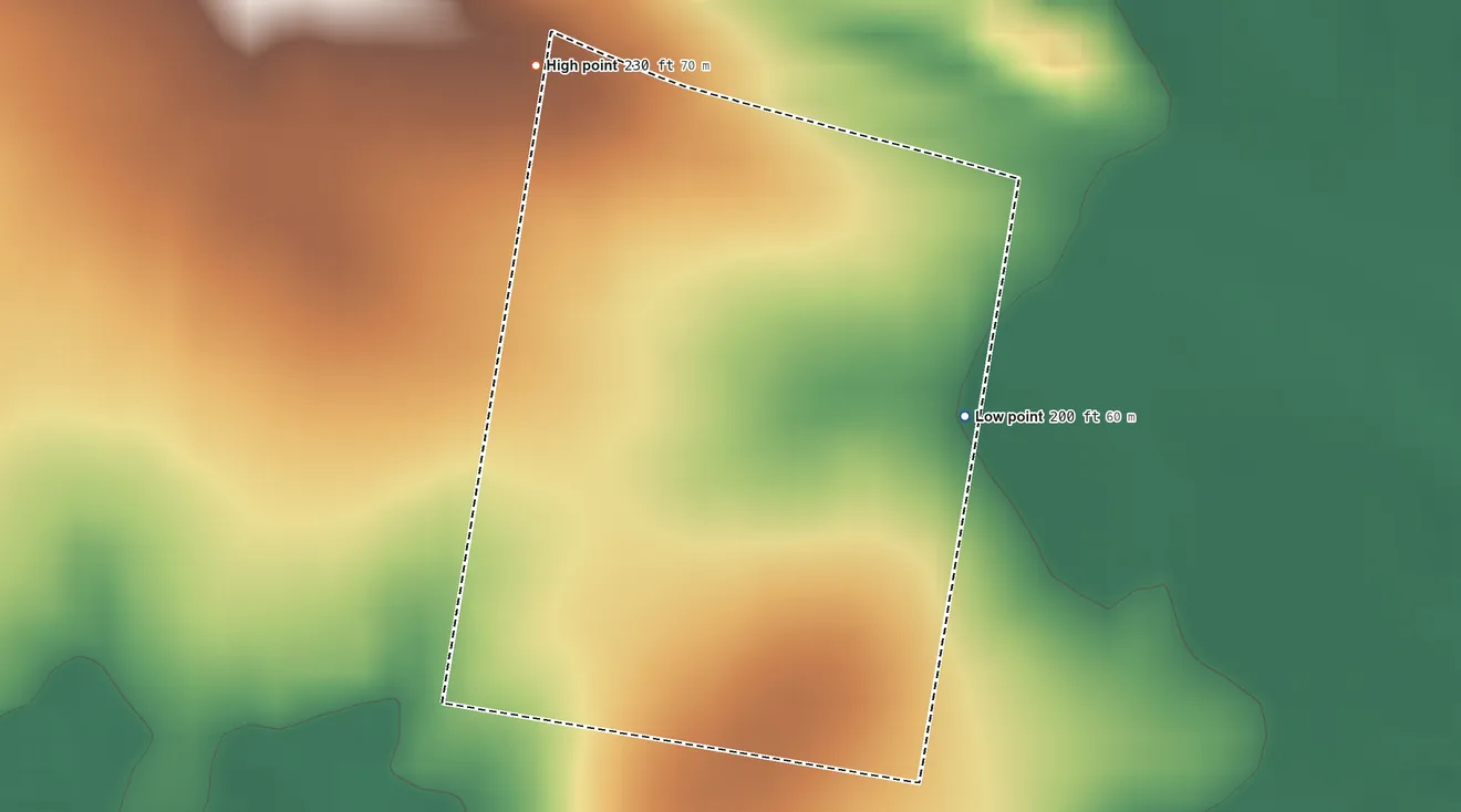 Topographic elevation map of East Alto Bonito, Texas, shaded from 200 ft on the northeast side to 230 ft on the northwest side