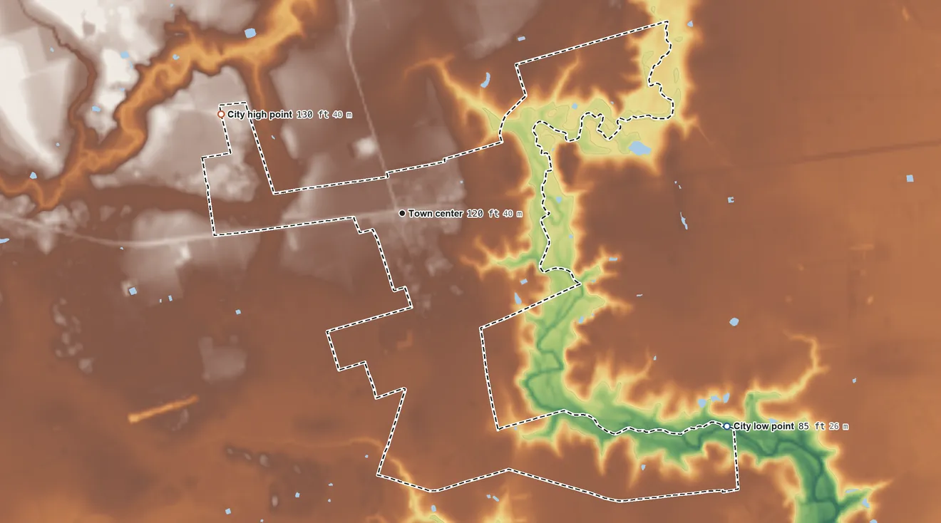 Topographic elevation map of East Bernard, Texas, shaded from 85 ft on the southeast side to 130 ft on the northwest side