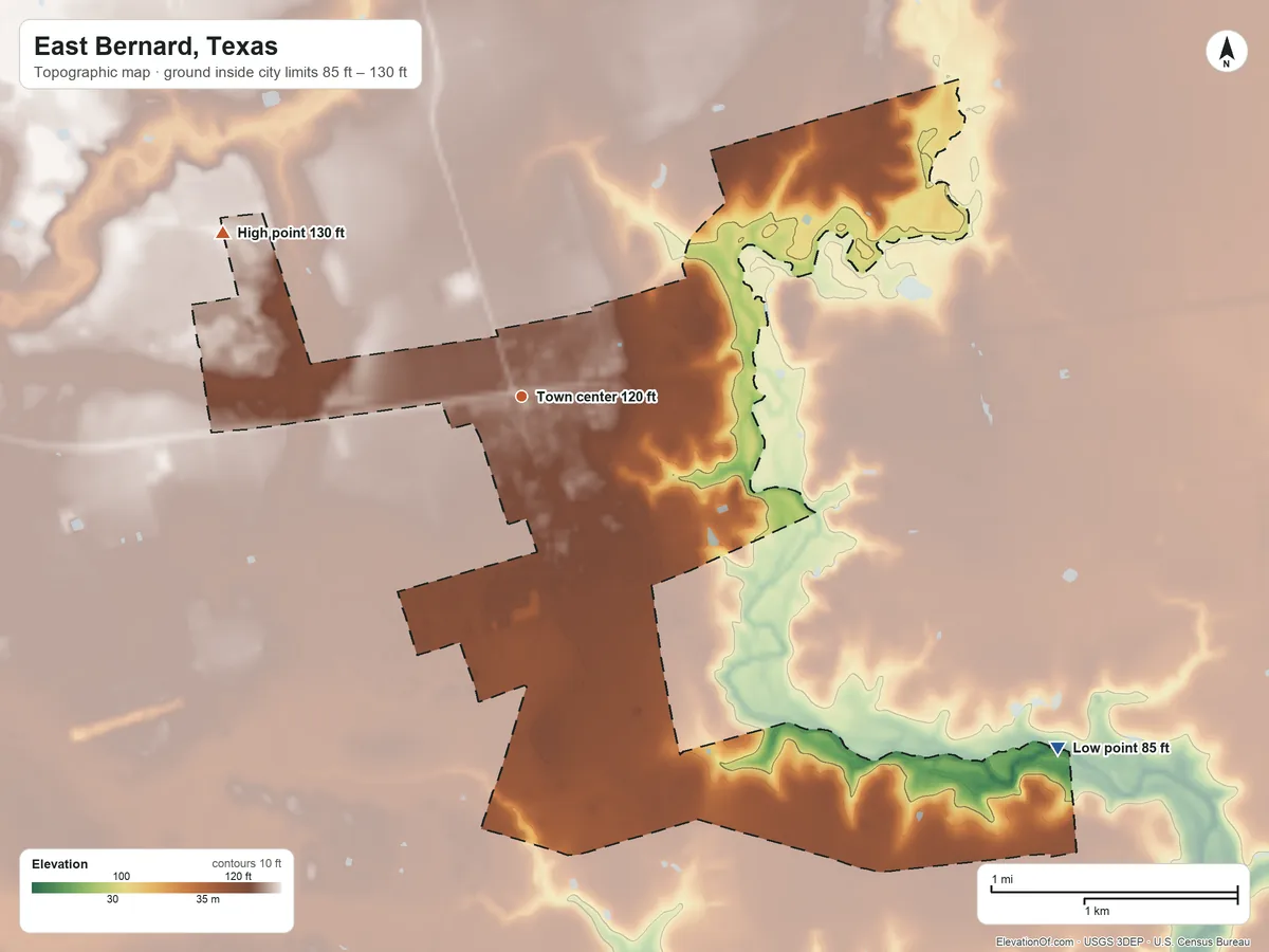 Topographic elevation map of East Bernard, Texas, shaded from 85 ft on the southeast side to 130 ft on the northwest side