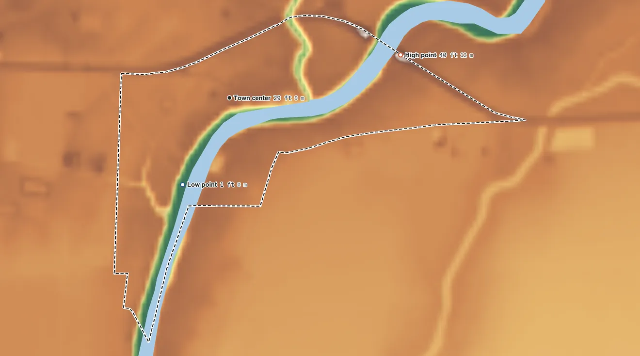 Topographic elevation map of East Columbia, Texas, shaded from 1 ft on the southwest side to 40 ft on the east side