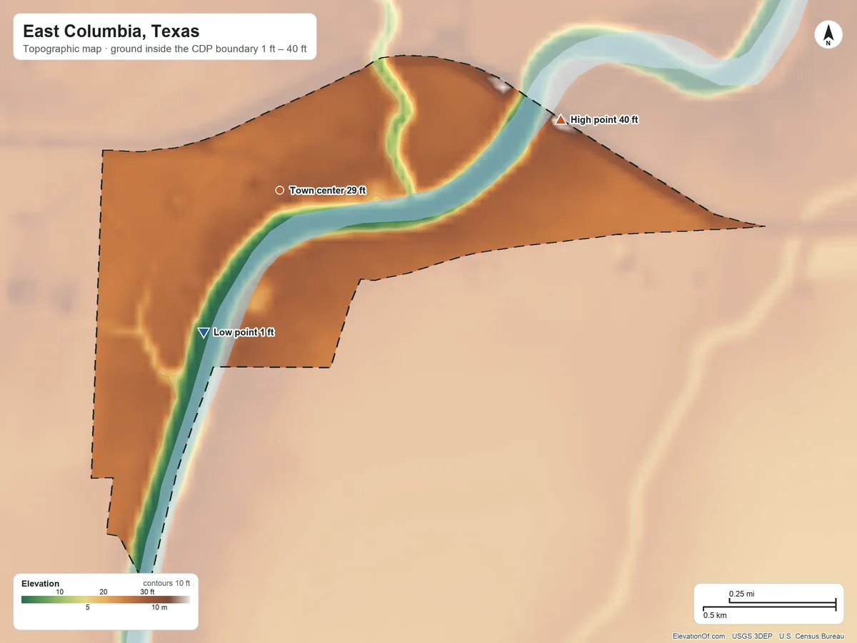 Topographic elevation map of East Columbia, Texas, shaded from 1 ft on the southwest side to 40 ft on the east side