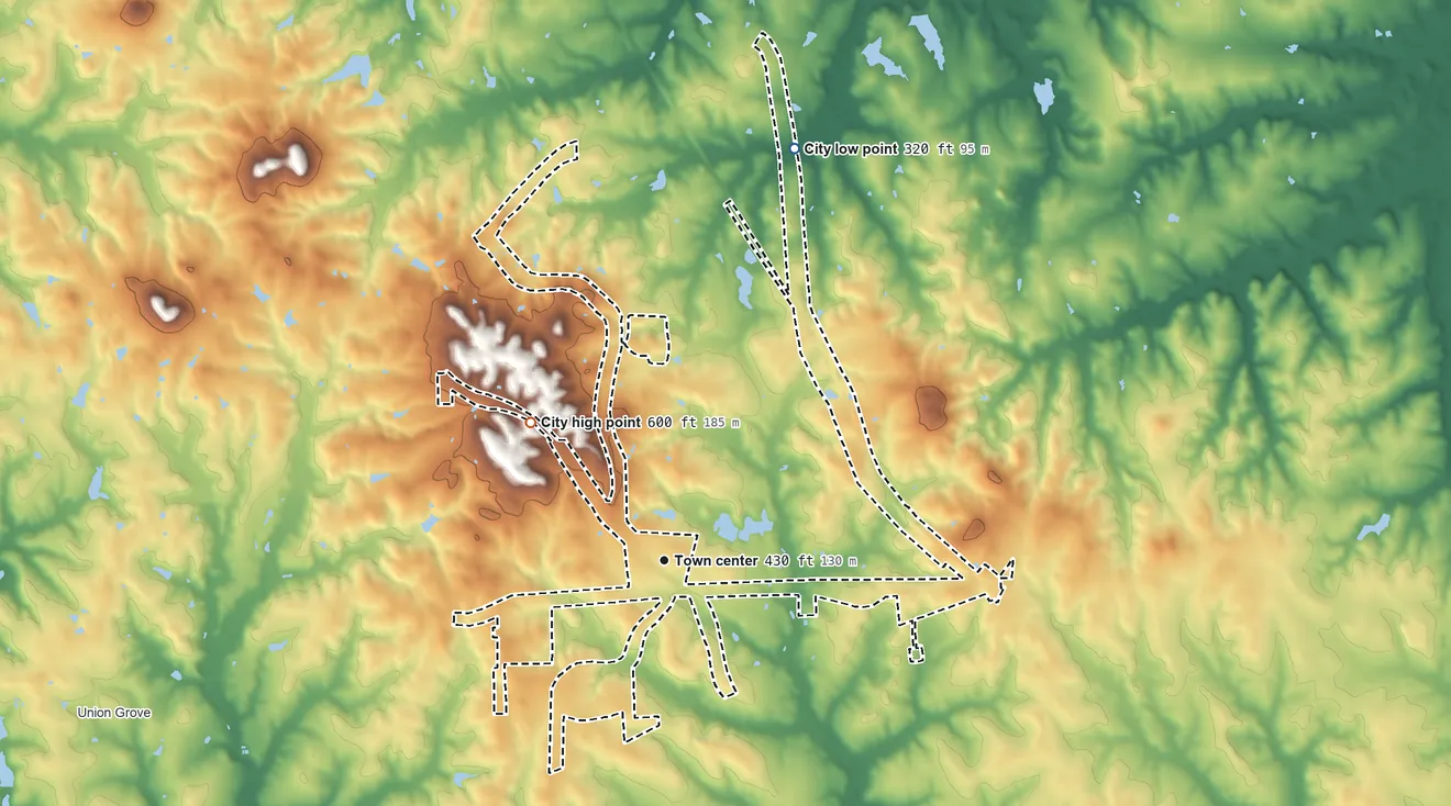 Topographic elevation map of East Mountain, Texas, shaded from 320 ft on the north side to 600 ft on the northwest side