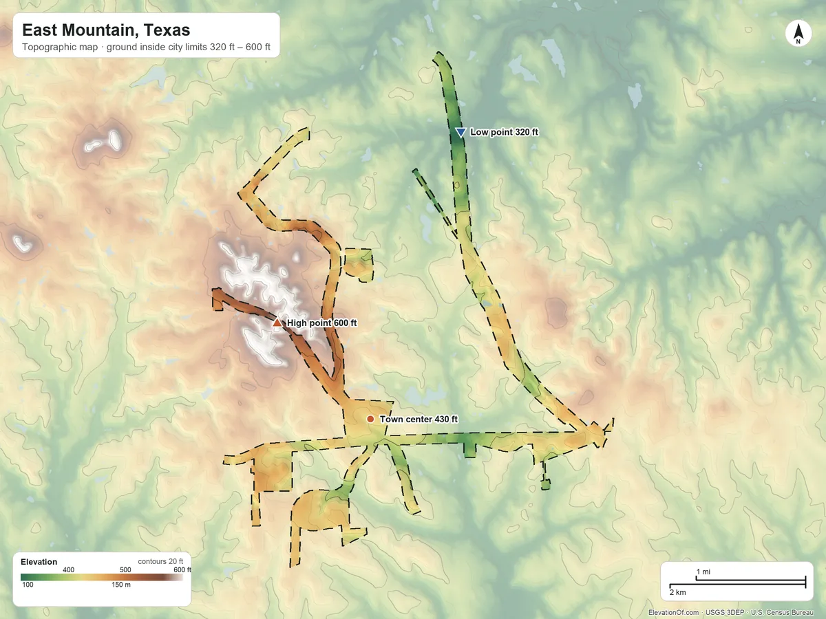 Topographic elevation map of East Mountain, Texas, shaded from 320 ft on the north side to 600 ft on the northwest side