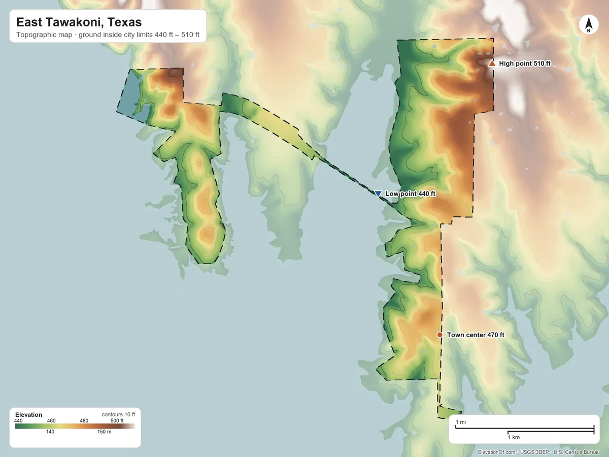 Topographic elevation map of East Tawakoni, Texas, shaded from 440 ft on the northwest side to 510 ft on the north side