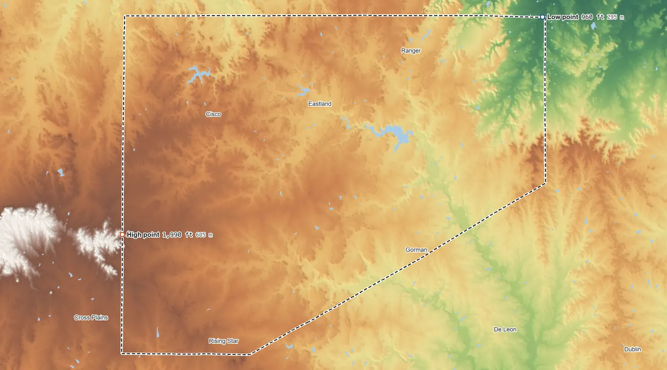 Topographic elevation map of Eastland County, Texas, shaded from 960 ft on the northeast side to 1,990 ft on the west side