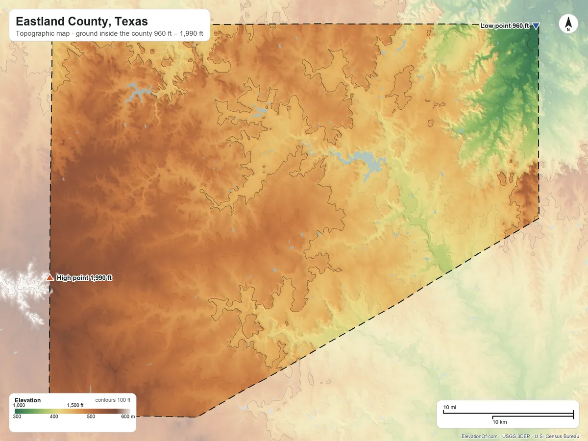 Topographic elevation map of Eastland County, Texas, shaded from 960 ft on the northeast side to 1,990 ft on the west side