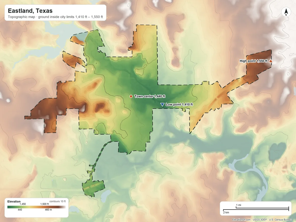 Topographic elevation map of Eastland, Texas, shaded from 1,410 ft on the east side to 1,550 ft on the east side