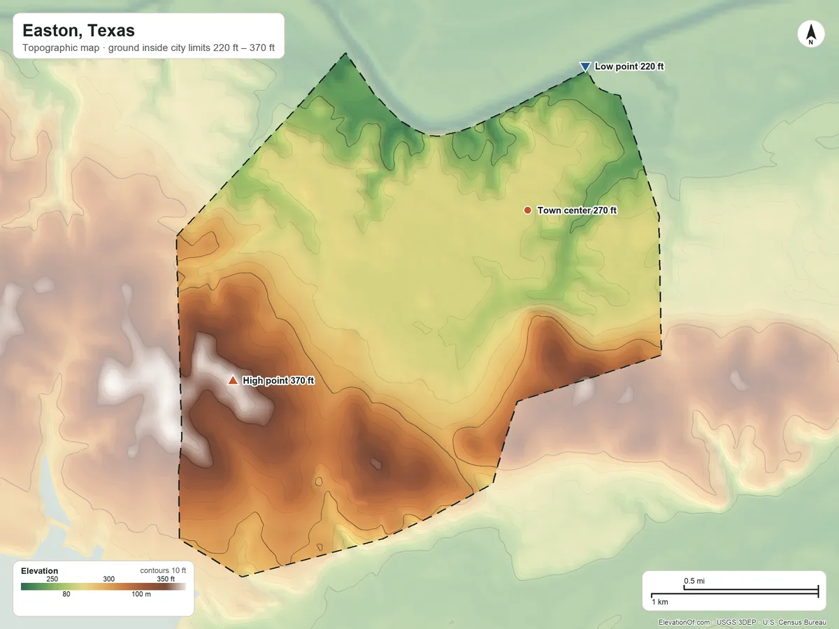 Topographic elevation map of Easton, Texas, shaded from 220 ft on the north side to 370 ft on the southwest side