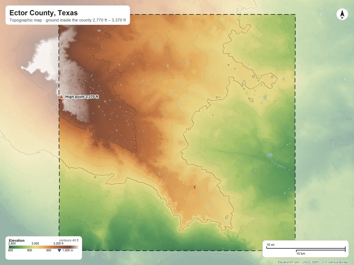 Topographic elevation map of Ector County, Texas, shaded from 2,770 ft on the southwest side to 3,370 ft on the west side