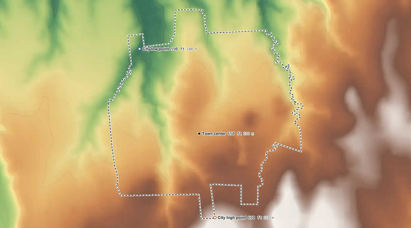 Topographic elevation map of Ector, Texas, shaded from 590 ft on the northwest side to 690 ft on the south side