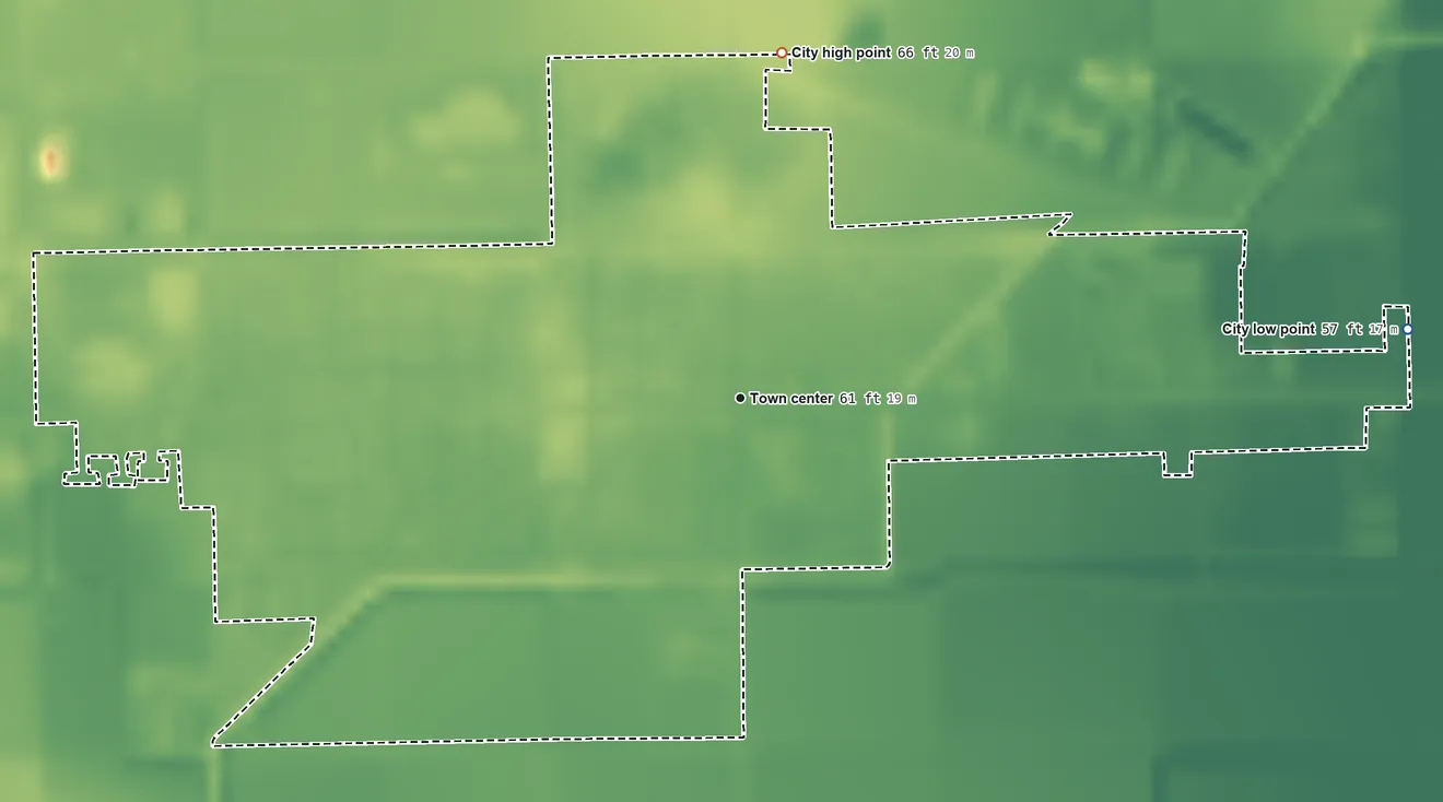 Topographic elevation map of Edcouch, Texas, shaded from 57 ft on the east side to 66 ft on the north side