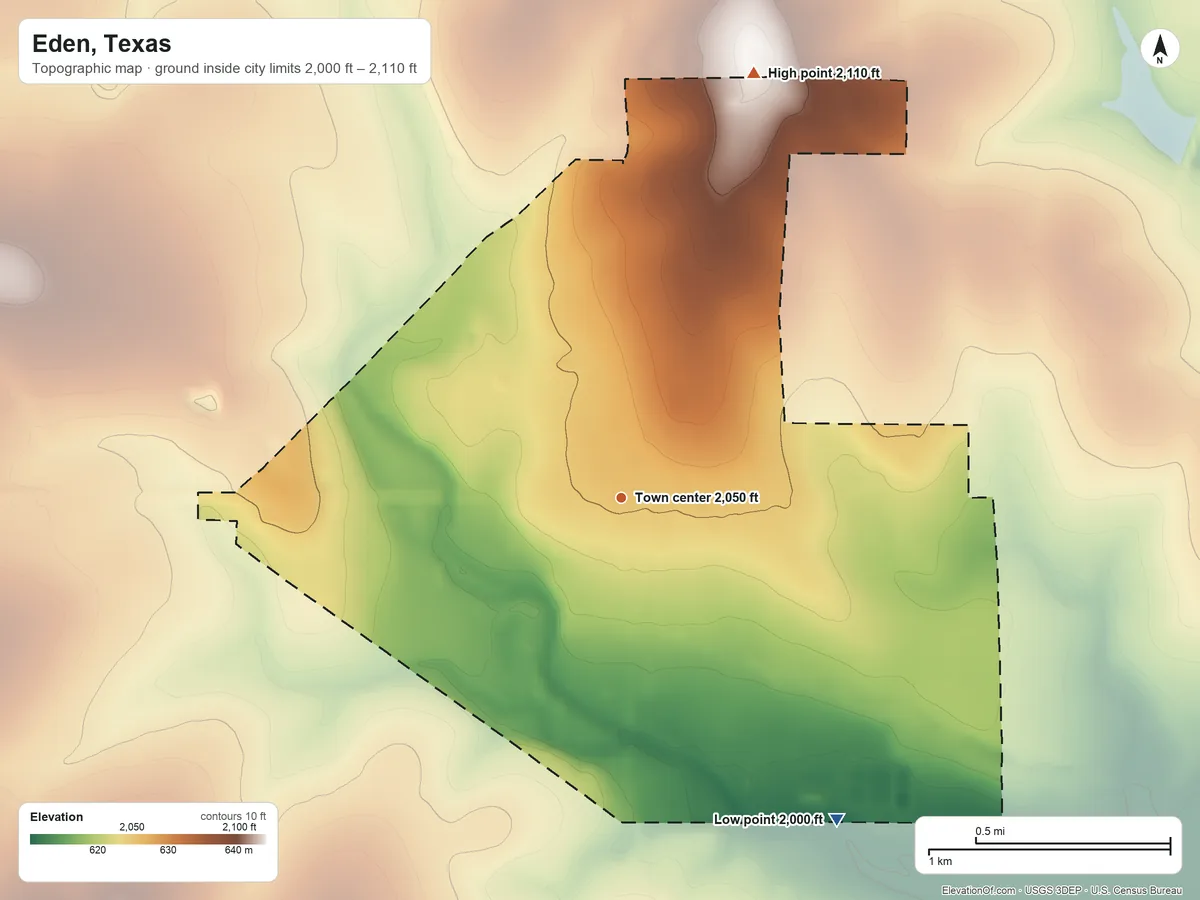 Topographic elevation map of Eden, Texas, shaded from 2,000 ft on the southeast side to 2,110 ft on the north side