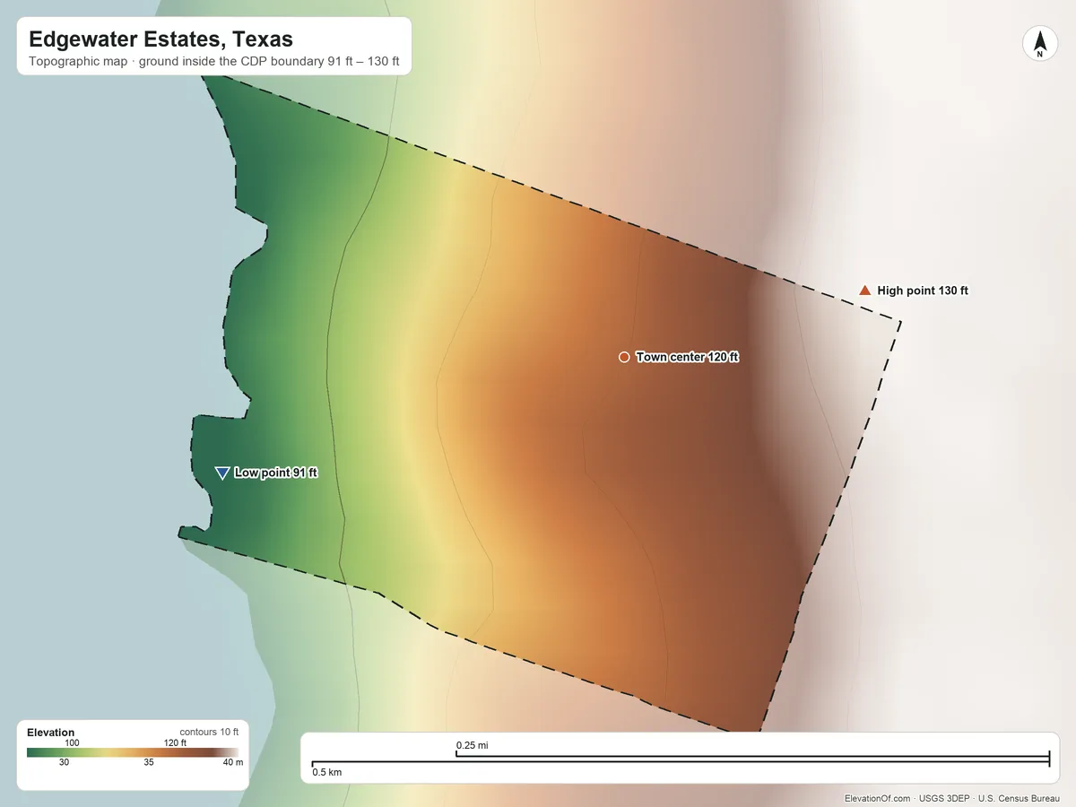 Topographic elevation map of Edgewater Estates, Texas, shaded from 91 ft on the west side to 130 ft on the east side