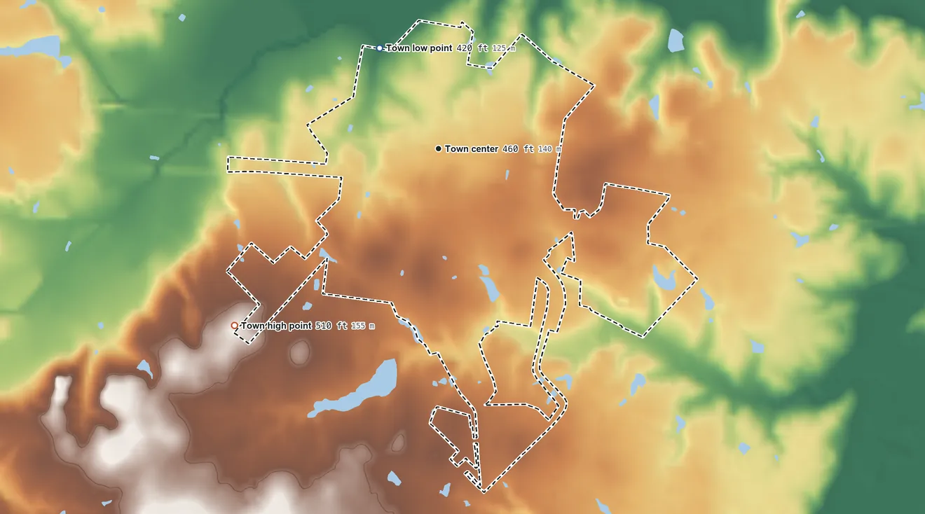 Topographic elevation map of Edgewood, Texas, shaded from 420 ft on the northwest side to 510 ft on the southwest side
