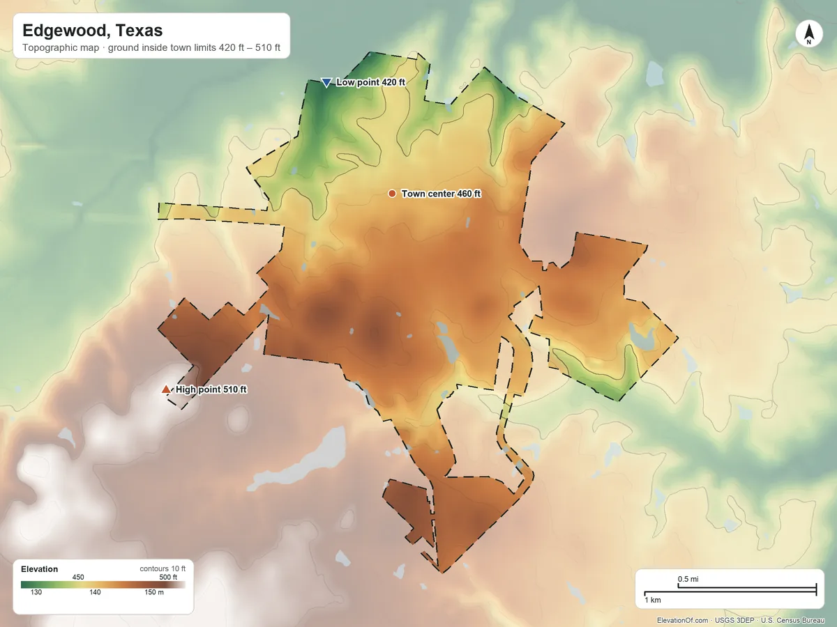 Topographic elevation map of Edgewood, Texas, shaded from 420 ft on the northwest side to 510 ft on the southwest side