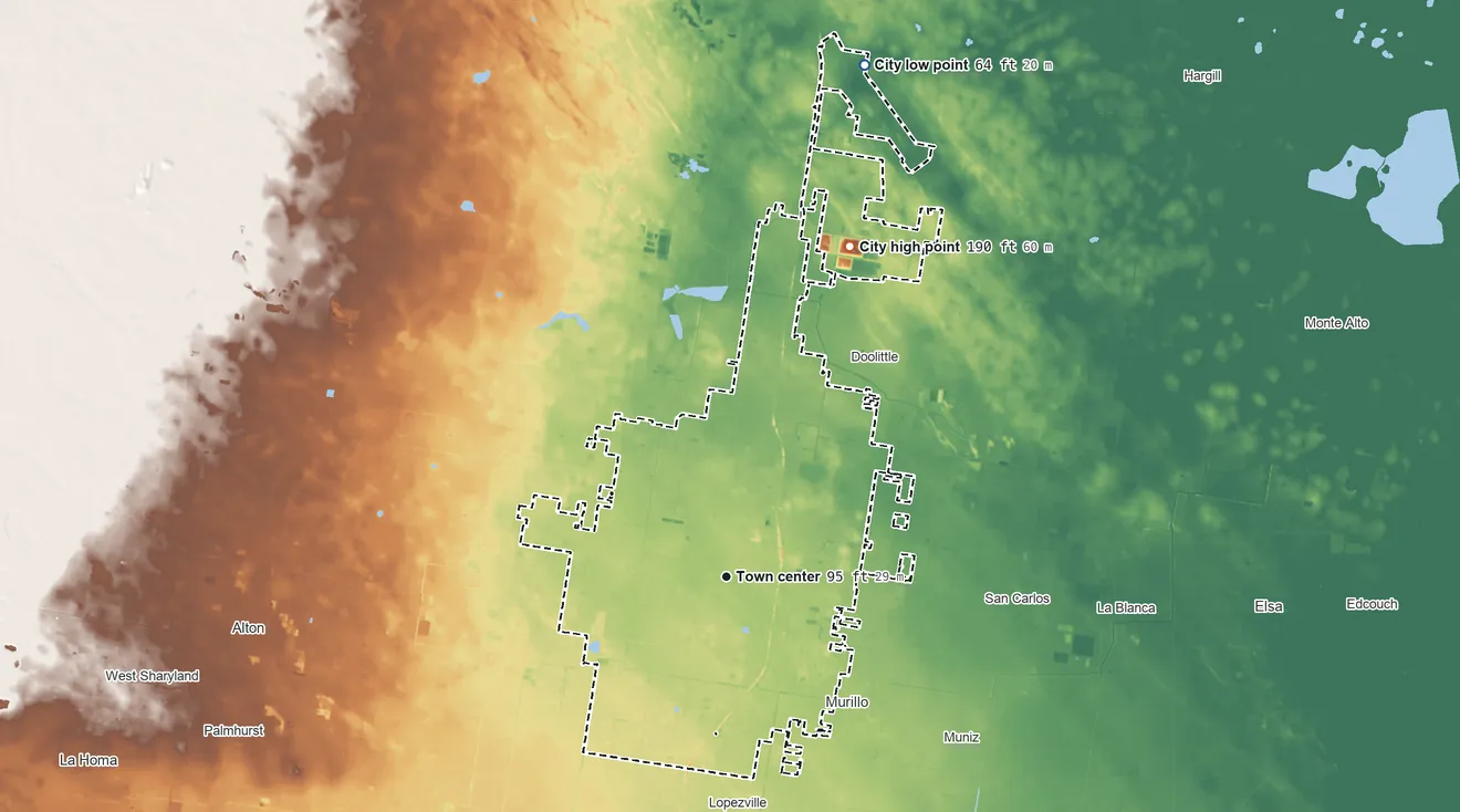 Topographic elevation map of Edinburg, Texas, shaded from 64 ft on the north side to 190 ft on the north side
