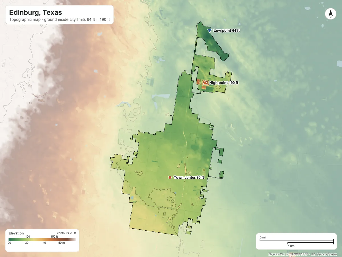 Topographic elevation map of Edinburg, Texas, shaded from 64 ft on the north side to 190 ft on the north side