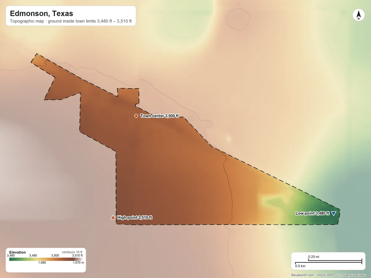 Topographic elevation map of Edmonson, Texas, shaded from 3,480 ft on the southeast side to 3,510 ft on the south side