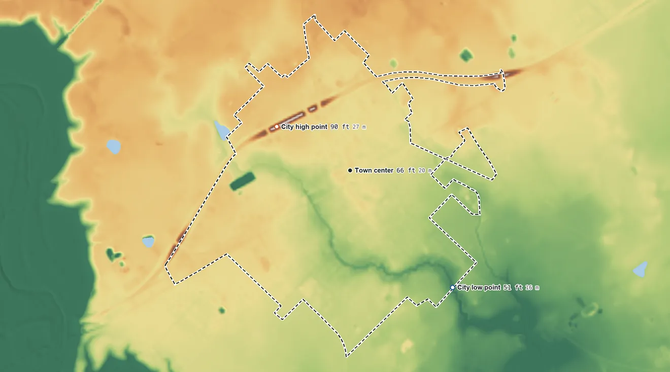 Topographic elevation map of Edna, Texas, shaded from 51 ft on the southeast side to 90 ft on the northwest side