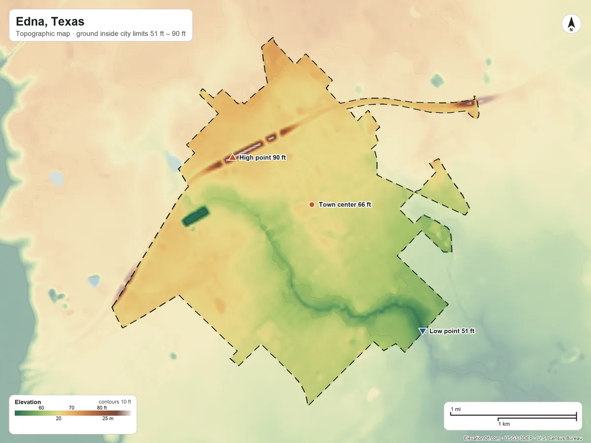 Topographic elevation map of Edna, Texas, shaded from 51 ft on the southeast side to 90 ft on the northwest side
