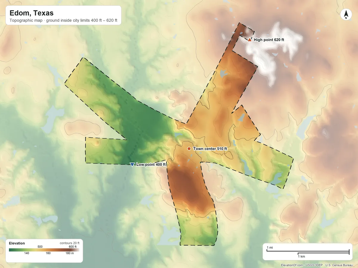 Topographic elevation map of Edom, Texas, shaded from 400 ft on the west side to 620 ft on the northeast side