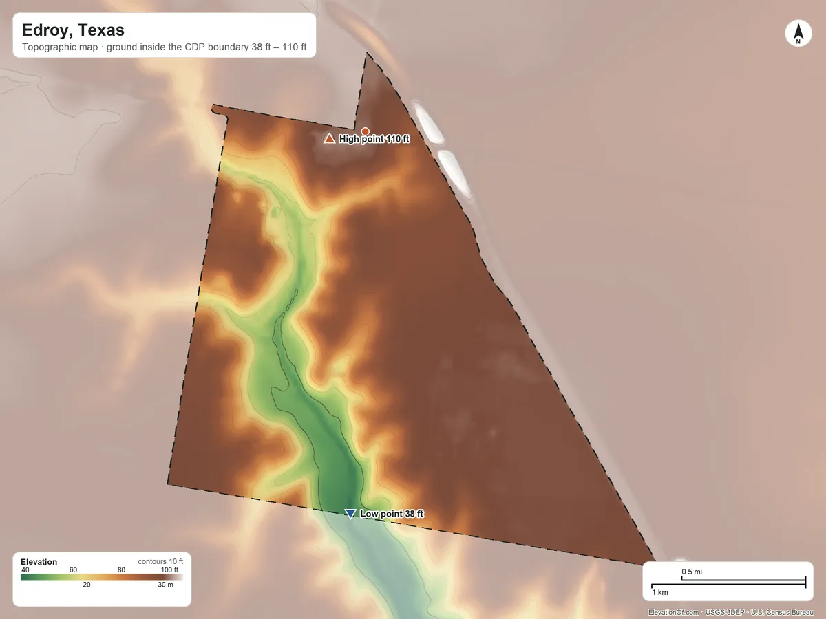 Topographic elevation map of Edroy, Texas, shaded from 38 ft on the south side to 110 ft near the middle